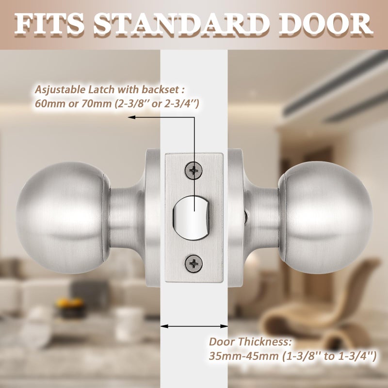 Probrico(6 Pack Hall/Closet Room Round Door Knob,Passage Function for Hall/Closet,Interior Door Door Lock Handle Satin Nickel Finish, Keyless(Non-Locking Knobs) Interior Door Handles Locks - Image 3